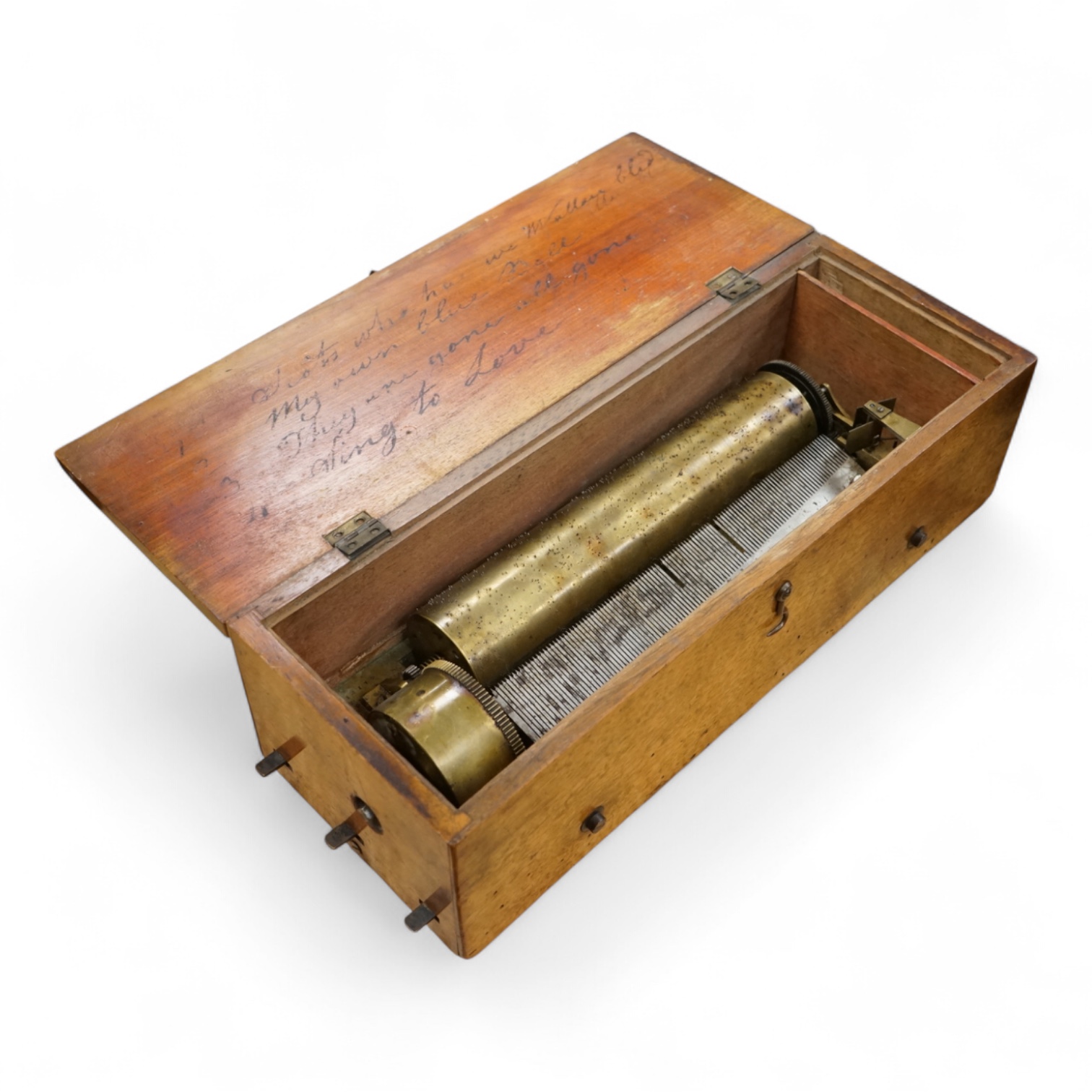 An early F. Nicole key-wound four-air Swiss cylinder box, number 14179, in mahogany case, cylinder length 19.5cm, case length 32cm.